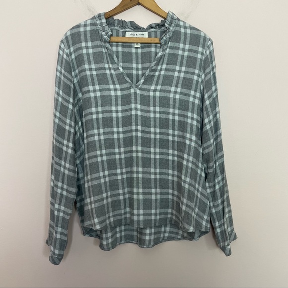 Anthropologie Cloth and Stone Gray and White Plaid Metallic Thread Blouse Size M - Picture 2 of 5